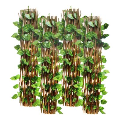 Lot de 4 Treillis Extensible en Bois Naturel avec des feuilles artificielles - Longueur 300 x Largeur 60 cm