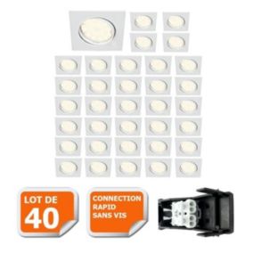 LOT DE 40 SPOT ENCASTRABLE ORIENTABLE CARRE LED SMD GU10 230V BLANC RENDU ENVIRON 50W HALOGENE