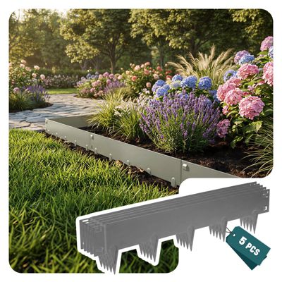 Lot de 5 Bordures de jardin acier galvanise avec pointes ancrages 106x18cm gris VOUNOT