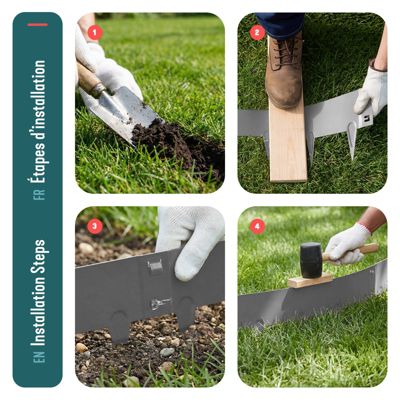 Lot de 5 Bordures de jardin acier galvanise avec pointes ancrages 106x18cm gris VOUNOT