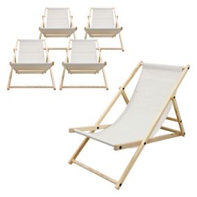 Lot de 5 chaises longue de jardin bain de soleil beige cadre bois de pin