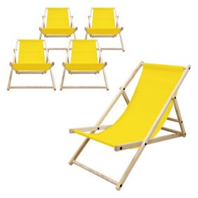 Lot de 5 chaises longue de jardin bain de soleil jaune cadre bois de pin