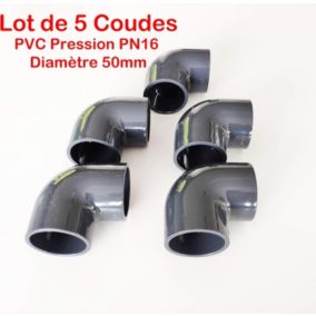 Lot de 5 Coudes 90 degrés 50mm PVC Pression PN16 / Piscine, évécuation et arrosage 5cm 50mm