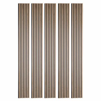 Lot de 5 panneaux tasseaux bois 250x30x1 cm - Pack Mur TV bois 150cm - Lamelles chêne clair véritable fond noir - 3,75m²