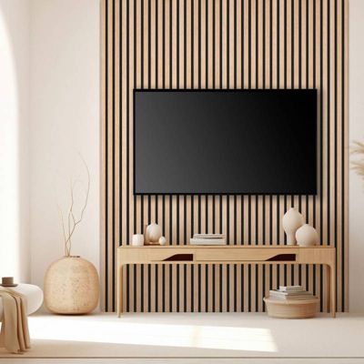 Lot de 5 panneaux tasseaux bois 250x30x1 cm - Pack Mur TV bois 150cm - Lamelles chêne clair véritable fond noir - 3,75m²