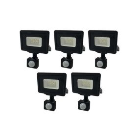 Lot de 5 Projecteurs LED Noirs 10W à Détecteur IP65 800lm - Blanc du Jour 6000K