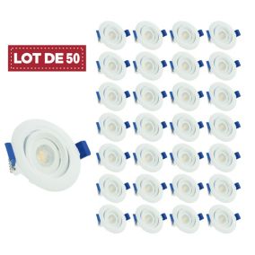 Lot de 50 - Spot LED encastrable orientable, 7W 3000K Blanc chaud transformateur intégré pour plafond