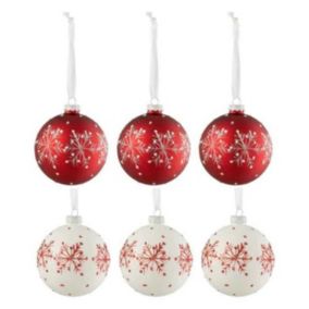 Lot de 6 Boules de Noël "Flocons de Neige" 8cm Blanc & Rouge