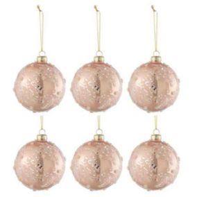 Lot de 6 Boules de Noël "Givre Paillettes" 8cm Rose Clair