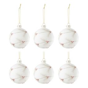 Lot de 6 Boules de Noël Paillettes "Houx" 8cm Blanc