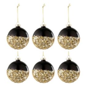 Lot de 6 Boules de Noël Paillettes "Léna" 8cm Noir & Or