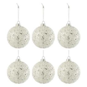 Lot de 6 Boules de Noël "Perles" 8cm Blanc & Argent