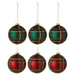 Lot de 6 Boules de Noël "Quadrillé" 8cm Vert & Rouge