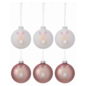 Lot de 6 Boules de Noël "Rennes" 8cm Rose & Blanc