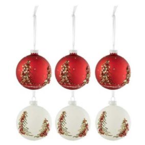 Lot de 6 Boules de Noël "Sapin Paillettes" 8cm Blanc & Rouge