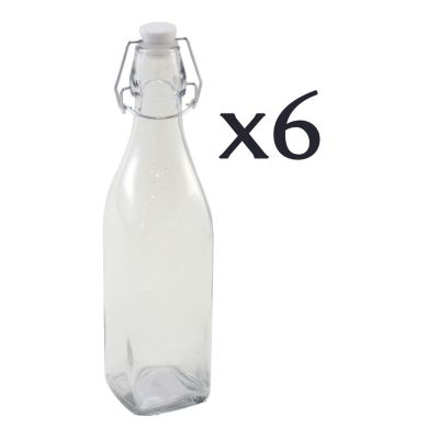 Lot de 6 bouteilles carrées en verre 0,5L avec bouchon hermétique-Longueur 6,5 x Largeur 6,5 x Hauteur 27cm