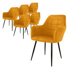 Lot de 6 chaise de salle à manger fauteuil moutarde en velours pieds métalliques