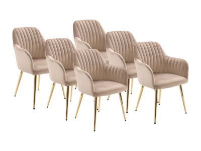 Lot de 6 chaises avec accoudoirs en velours et métal doré - Beige - ELEANA