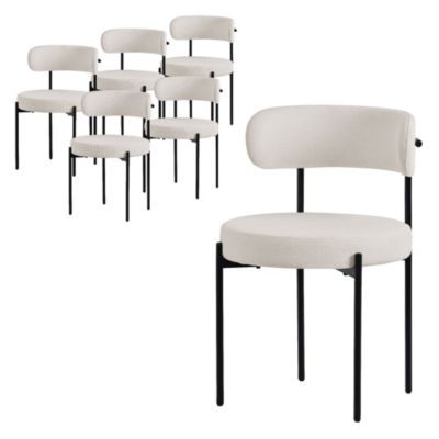 Lot de 6 chaises de cuisine rond en tissu teddy blanc avec dossier pied en acier