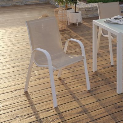Lot de 6 chaises de jardin LYMA métal et textilène empilables blanc et beige