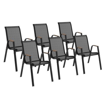 Lot de 6 chaises de jardin NOUMEA métal et textilène empilables noir et bois