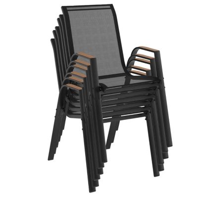 Lot de 6 chaises de jardin NOUMEA métal et textilène empilables noir et bois