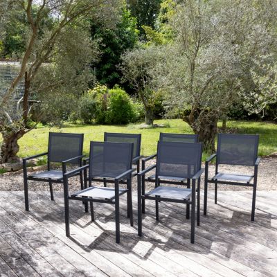 Lot de 6 chaises en aluminium anthracite - textilène gris - HAPPY GARDEN