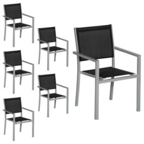 Lot de 6 chaises en aluminium gris - textilène noir - Happy Garden