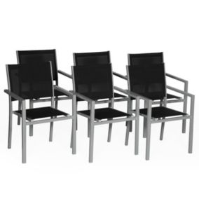 Lot de 6 chaises en aluminium gris - textilène noir - Happy Garden