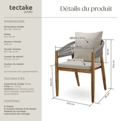 Lot de 6 chaises jardin acacia massif 47x52x85 cm design tendan, grège