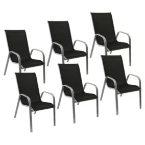 Lot de 6 chaises MARBELLA en textilène noir - aluminium gris - Happy Garden