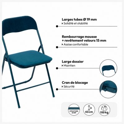 Lot de 6 chaises pliantes en velours Bleu, L. 45 x l. 44 x H. 79 cm