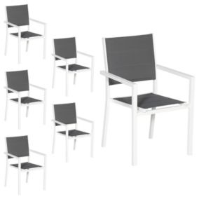 Lot de 6 chaises rembourrées en aluminium blanc - textilène gris - Happy Garden