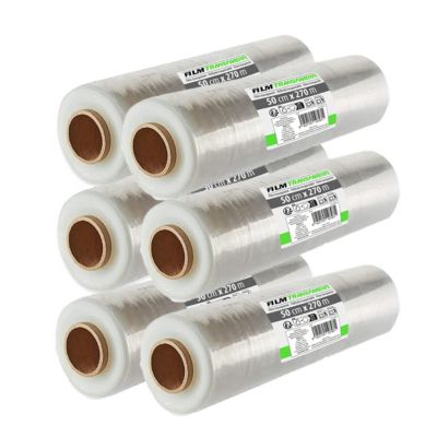 Lot de 6 Film rétractable transparent pour emballage colis déménagement ou expédition 3 kg/20 µm. Largeur 50 cm x Longueur 270 m