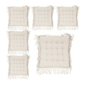 Lot de 6 Galettes de chaise en Coton Ivoire avec franges macramé 40 x 40 cm