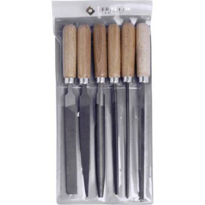 Lot de 6 limes à aiguille en étui en bois, lames acier, manches bois, 100 mm 5-240