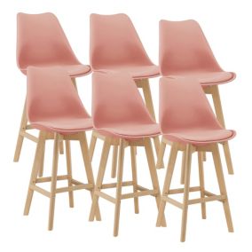 Lot de 6 Tabourets de Bar Lublin Plastique Similicuir Hêtre 105x48x58 cm Rose en.casa