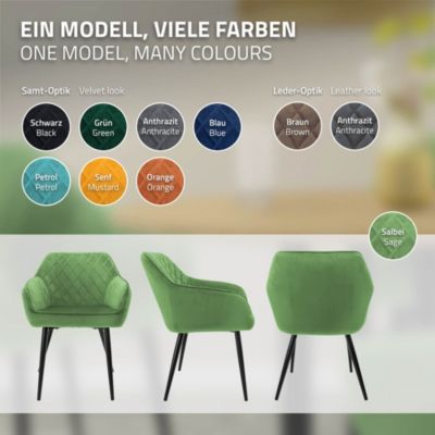 Lot de 6x chaises de salle à manger rembourrée en velours fauteuils vert sauge