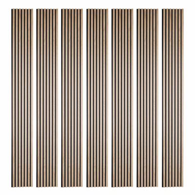 Lot de 7 panneaux tasseaux bois - 250x30x1 cm - Pack Mur TV bois 210cm -  Lamelles chêne clair véritable fond noir - 5,25m²