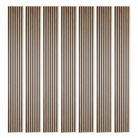 Lot de 7 panneaux tasseaux bois - 250x30x1 cm - Pack Mur TV bois 210cm -  Lamelles chêne clair véritable fond noir - 5,25m²