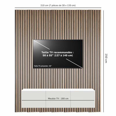 Lot de 7 panneaux tasseaux bois - 250x30x1 cm - Pack Mur TV bois 210cm -  Lamelles chêne clair véritable fond noir - 5,25m²