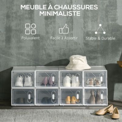 Lot de 8 boites cubes rangement à chaussures modulable avec portes transparentes - dim. 25L x 35l x 19H cm - PP blanc transparent