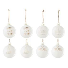 Lot de 8 Boules de Noël "Texte" 8cm Blanc & Or