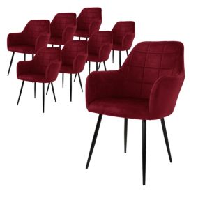 Lot de 8 chaise de salle à manger fauteuil bordeaux en velours pieds métalliques