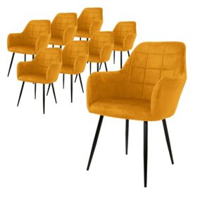 Lot de 8 chaise de salle à manger fauteuil moutarde en velours pieds métalliques