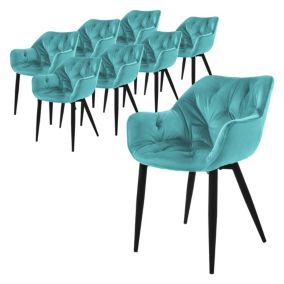 Lot de 8 chaises de salle à manger assise pétrole en velours pieds métal noir