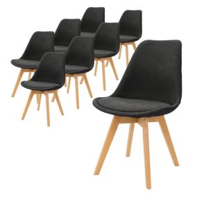 Lot de 8 chaises de salle à manger en lin noir pieds en bois massif hêtre rétro