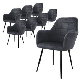 Lot de 8 chaises de salle à manger fauteuil gris velours pieds noir métalliques