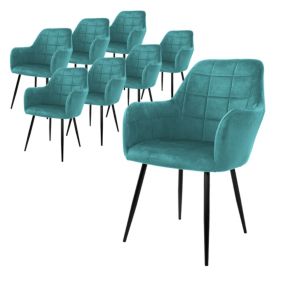 Lot de 8 chaises de salle à manger fauteuil pétrole en velours pieds métalliques