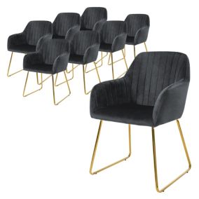 Lot de 8 chaises de salle à manger gris assise en velours pieds dorés en métal